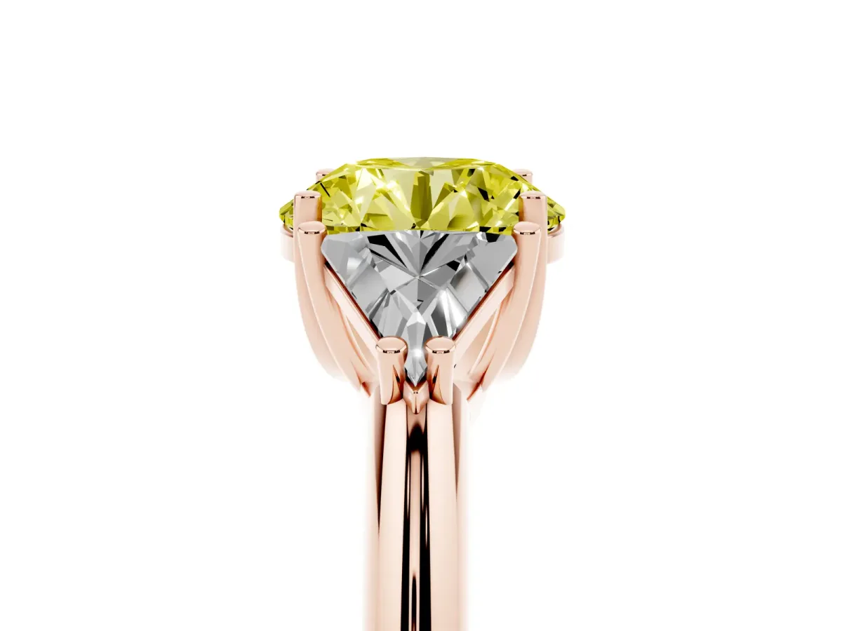Fancy Yellow Three-Stone Round Cut Diamond Engagement Ring with Trillion Side Stones and Prong Setting Rose gold