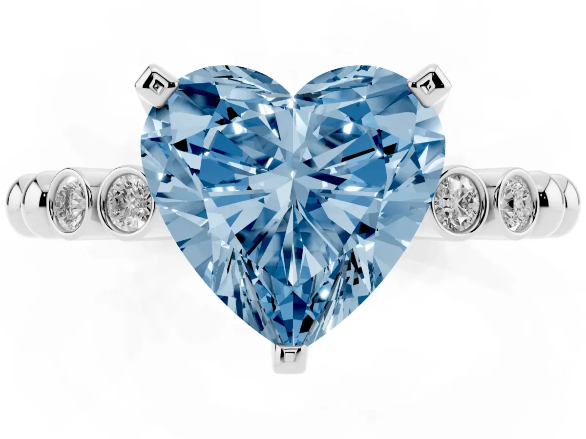 Fancy Blue Heart Cut Solitaire Bezel Accent Diamond Engagement Ring with Beaded Band and Four-Prong Setting Platinum
