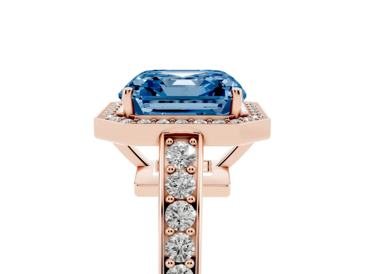 Fancy Blue Asscher Cut Halo Pavé Diamond Engagement Ring with Bezel Setting Rose gold