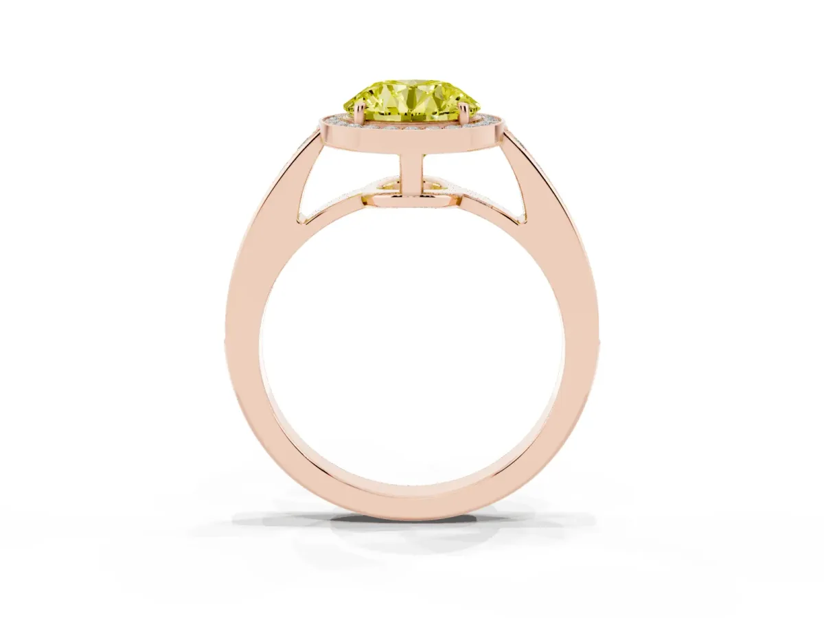 Fancy Yellow Round Cut Halo Pavé Diamond Engagement Ring with Bezel Setting Rose gold