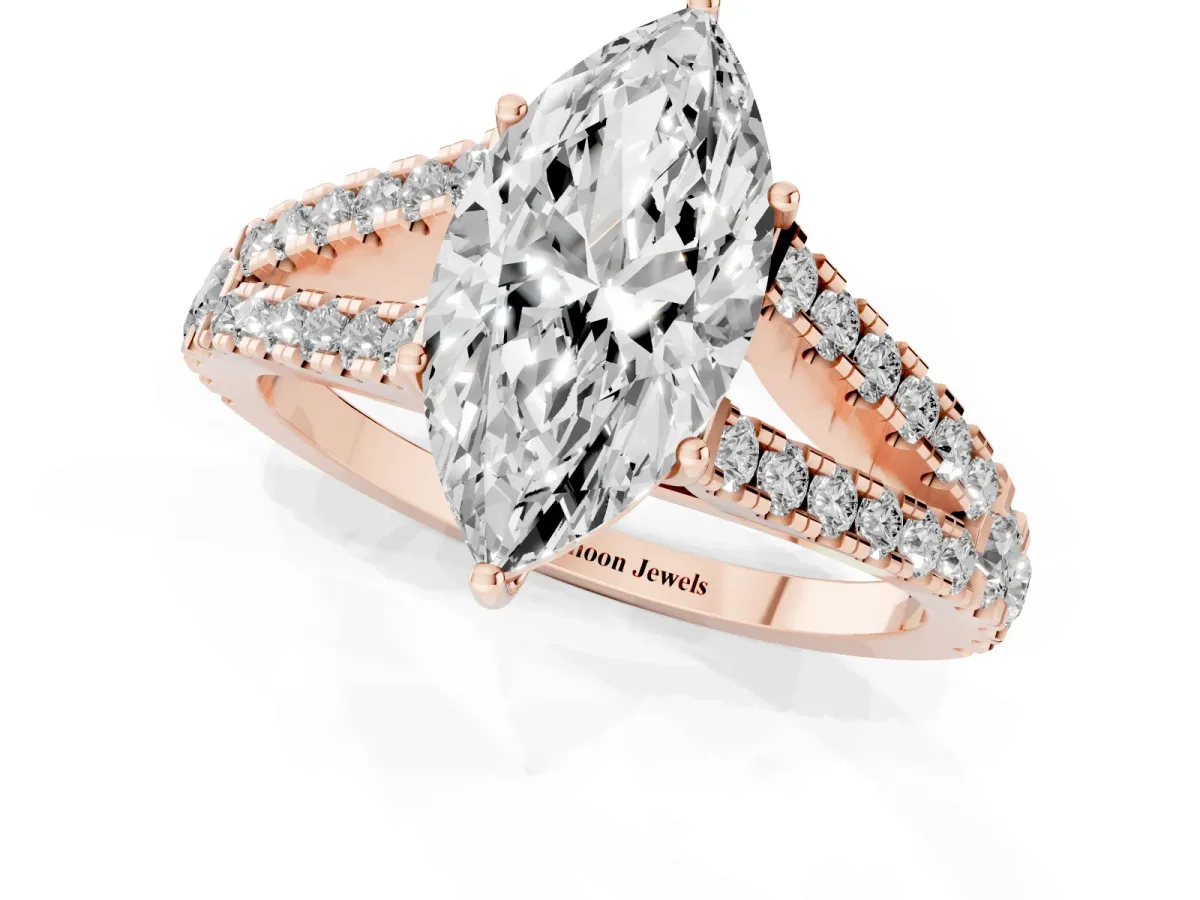 Marquise Cut Diamond Split Shank Pavé Engagement Ring with Four-Prong Setting Rose gold
