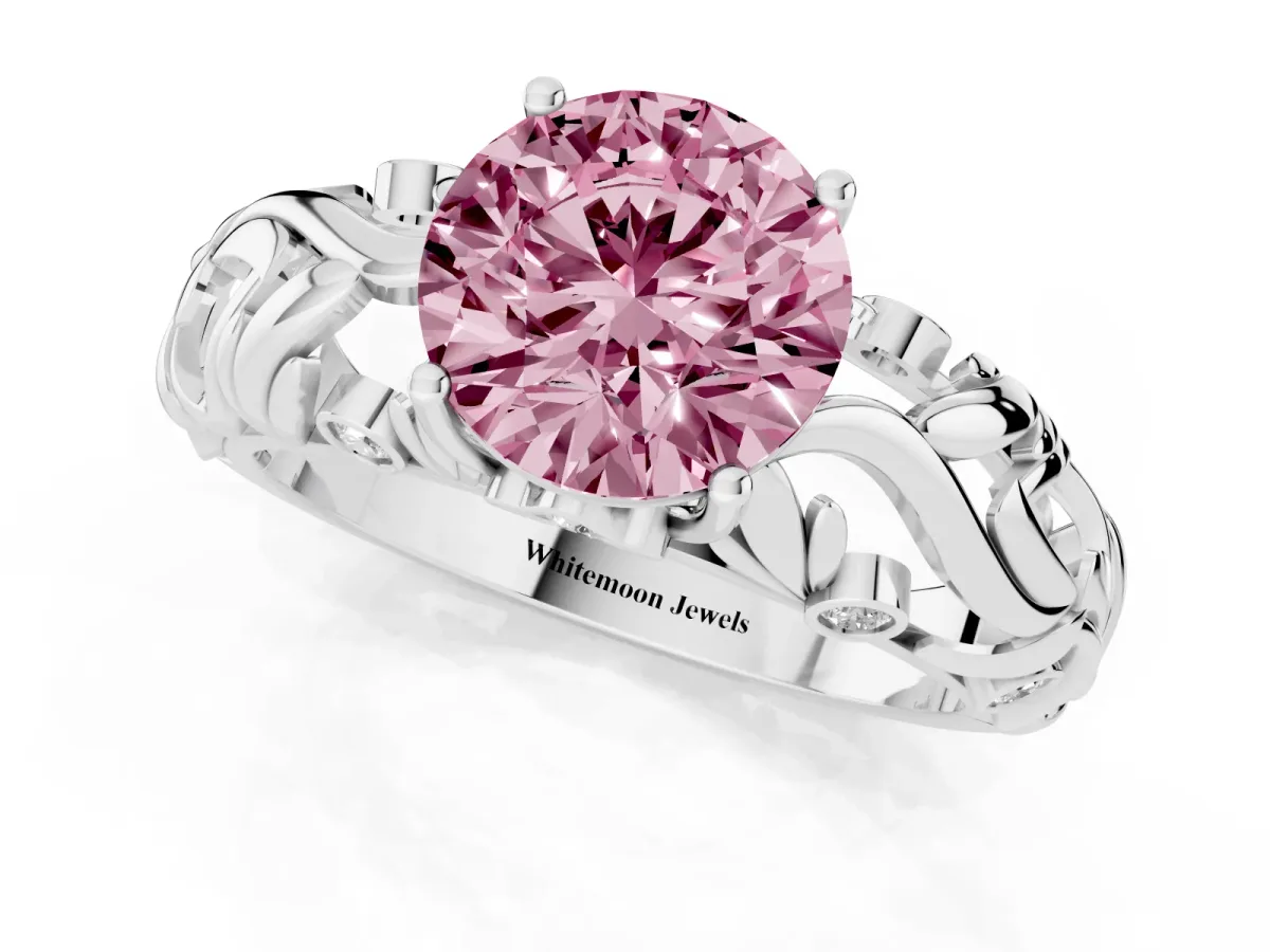 Fancy Pink Round Cut Solitaire Diamond Leaf-Inspired Vine Band Ring with Prong Setting Silver