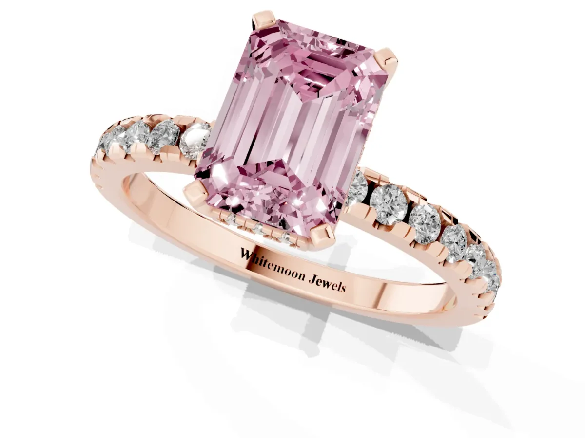 Fancy Pink Emerald Cut Diamond Solitaire Ring with Round Pavé Band and Four-Prong Setting Rose gold