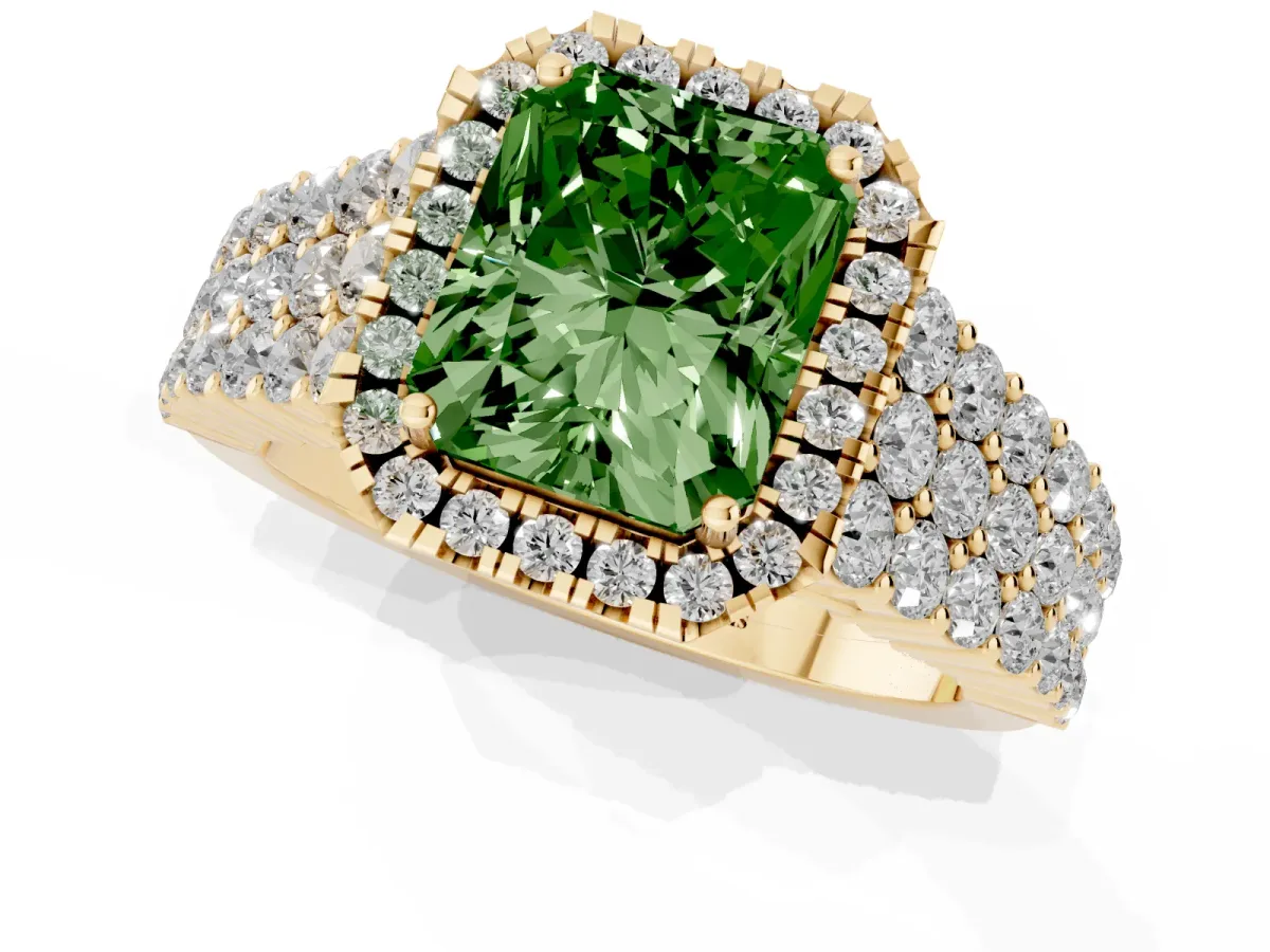 Fancy Green Radiant Cut Diamond Halo Engagement Ring with Triple Row Round Pavé Band and Prong Setting Yellow gold
