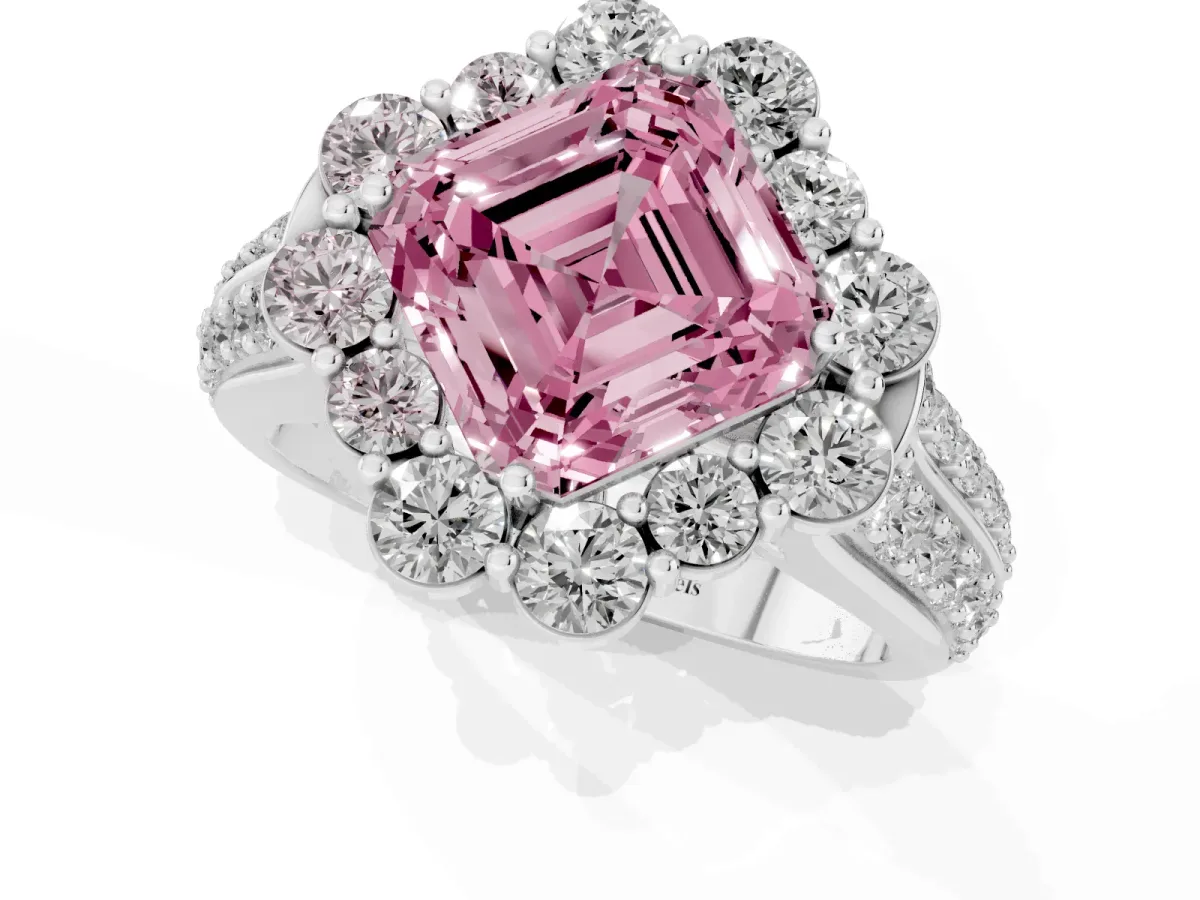 Fancy Pink Asscher Cut Halo Diamond Engagement Ring with Split Shank and Prong Setting Silver