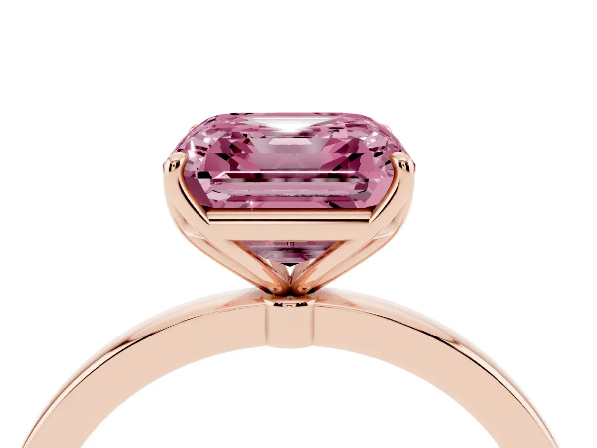 Fancy Pink Asscher Cut Diamond Solitaire Ring with Thin Band and Prong Setting Rose gold