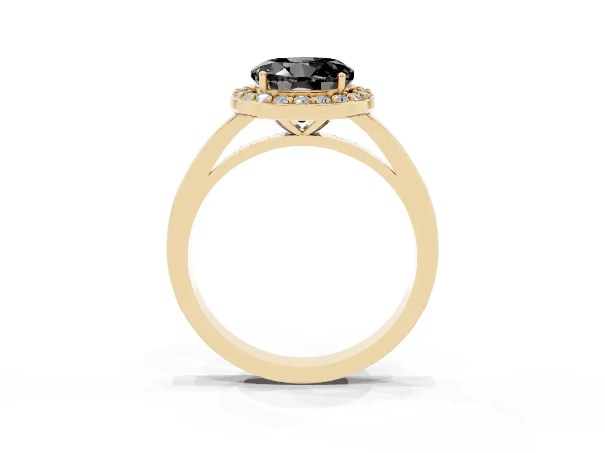 Fancy Black Round Cut Halo Diamond Ring with Solitaire Band and Prong Setting Yellow gold