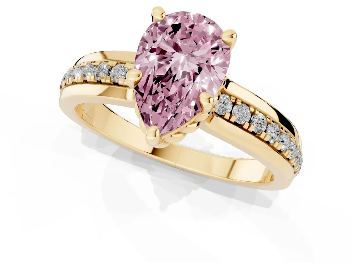 Fancy Pink Pear Cut Solitaire Diamond Ring with Channel Set Band and Six-Prong Setting Yellow gold