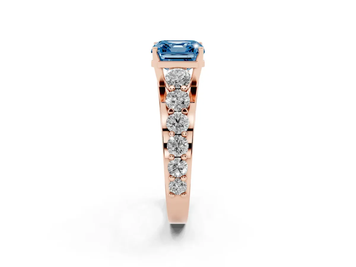 Fancy Blue Asscher Cut Diamond Engagement Ring with Pavé Band and Four-Prong Setting Rose gold