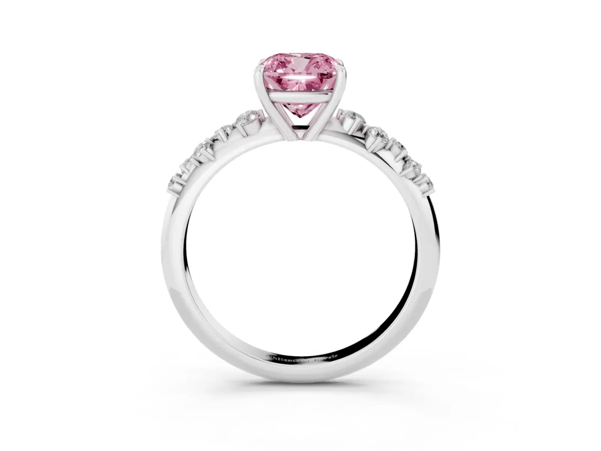 Fancy Pink Cushion Cut Diamond Cluster Side Stone Solitaire Ring with Prong Setting White gold