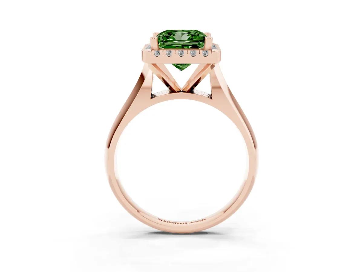 Fancy Green Princess Cut Cut Halo Solitaire Engagement Ring with Square Band and Four-Prong Setting Rose gold