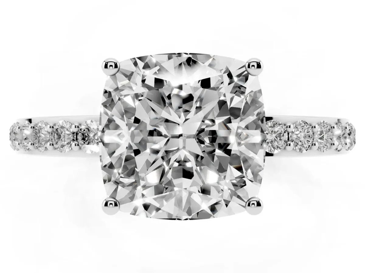 Cushion Cut Diamond Solitaire Ring with Pavé Band and Hidden Halo Silver