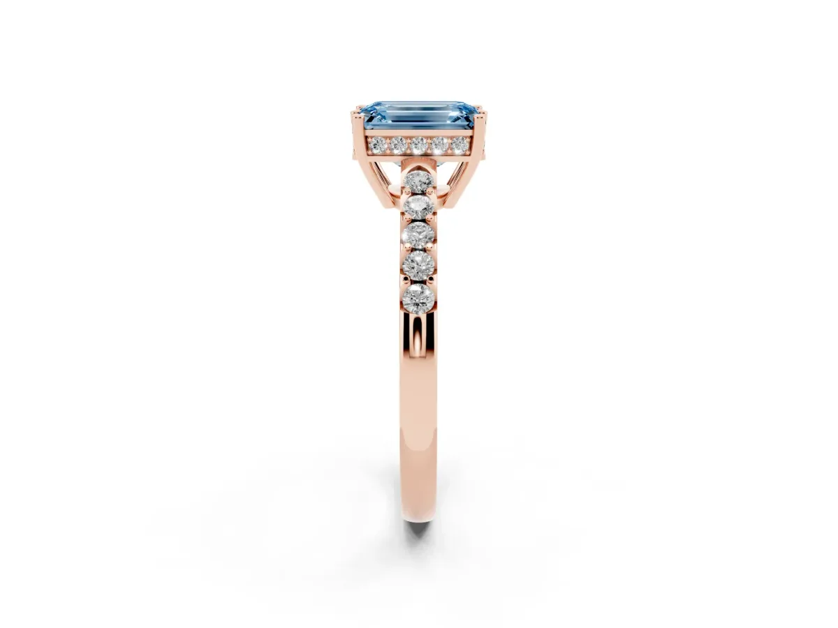 Fancy Blue Emerald Cut Solitaire Diamond Engagement Ring with Pavé Band and Six-Prong Setting Rose gold
