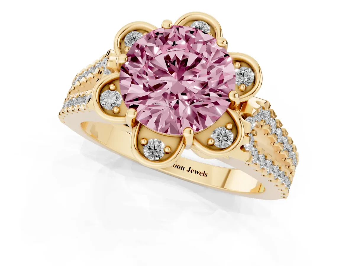 Fancy Pink Round Cut Halo Diamond Floral Split Shank Engagement Ring Yellow gold