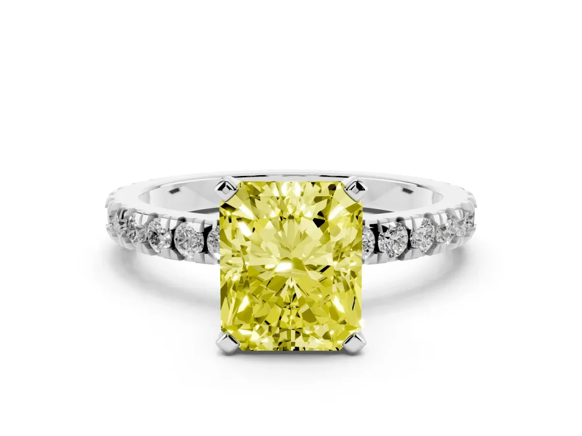 Fancy Yellow Radiant Cut Diamond Pavé Band Solitaire with Four-Prong Setting Silver