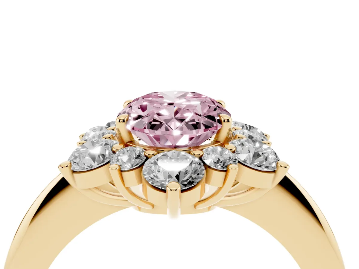 Fancy Pink Oval Cut Diamond Cluster Halo Ring with Solitaire Band and Four-Prong Setting Yellow gold