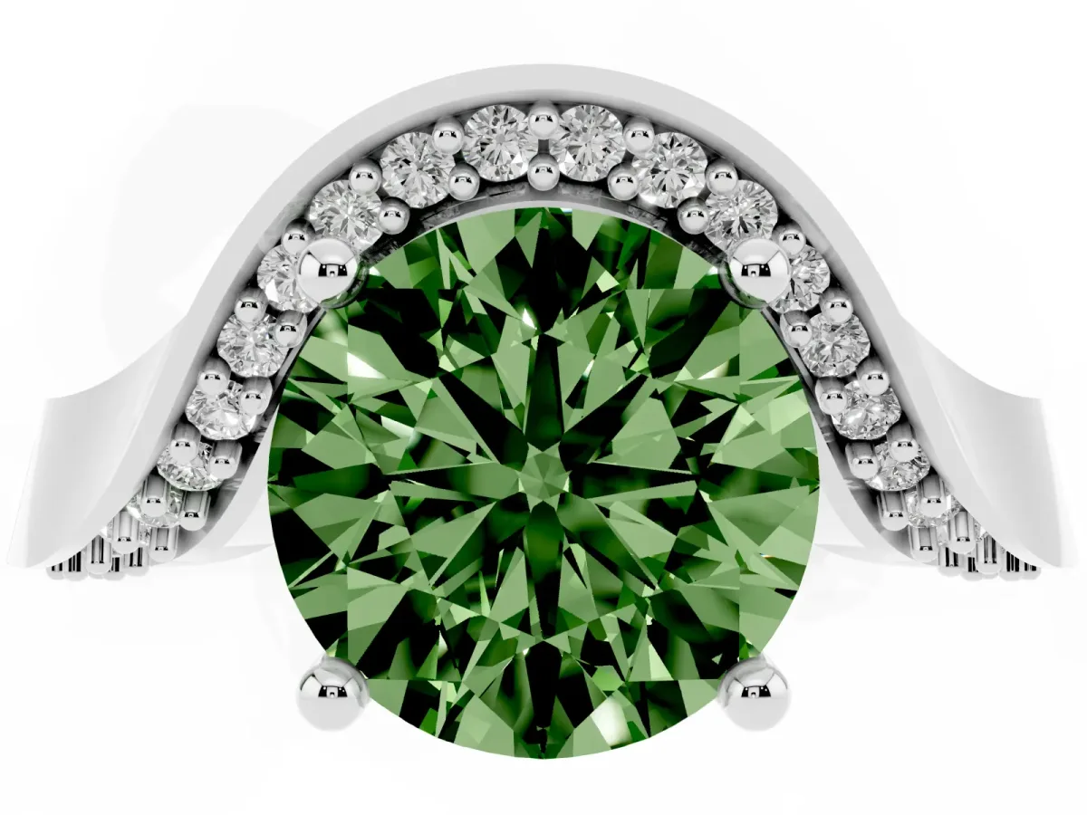 Fancy Green Round Cut Solitaire Diamond Engagement Ring with Pave Band and Four-Prong Setting White gold