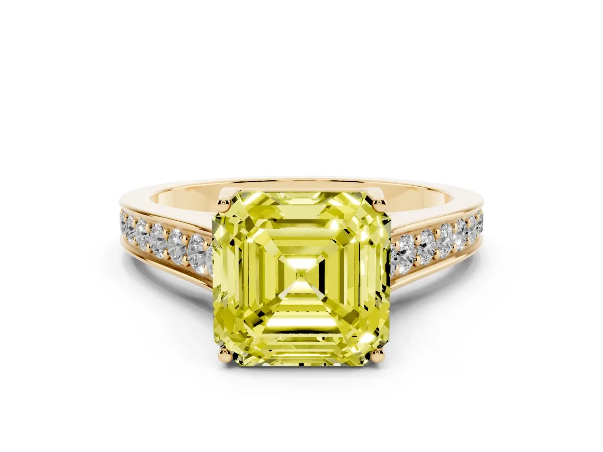 Fancy Yellow Asscher Cut Brilliant Cut Diamond Engagement Ring with Pavé Band and Four-Prong Setting Yellow gold