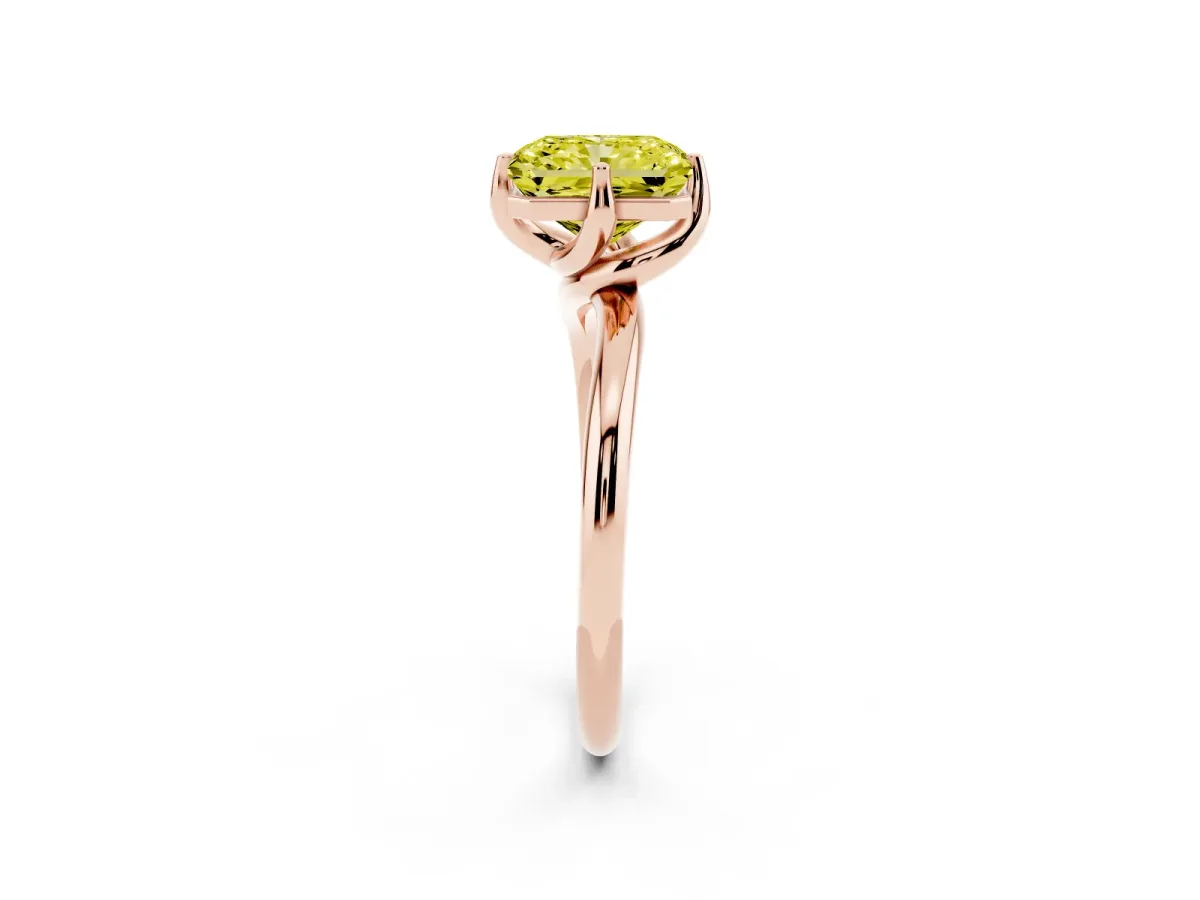 Fancy Yellow Radiant Cut Diamond Solitaire Engagement Ring with Four-Prong Setting and Classic Band Rose gold