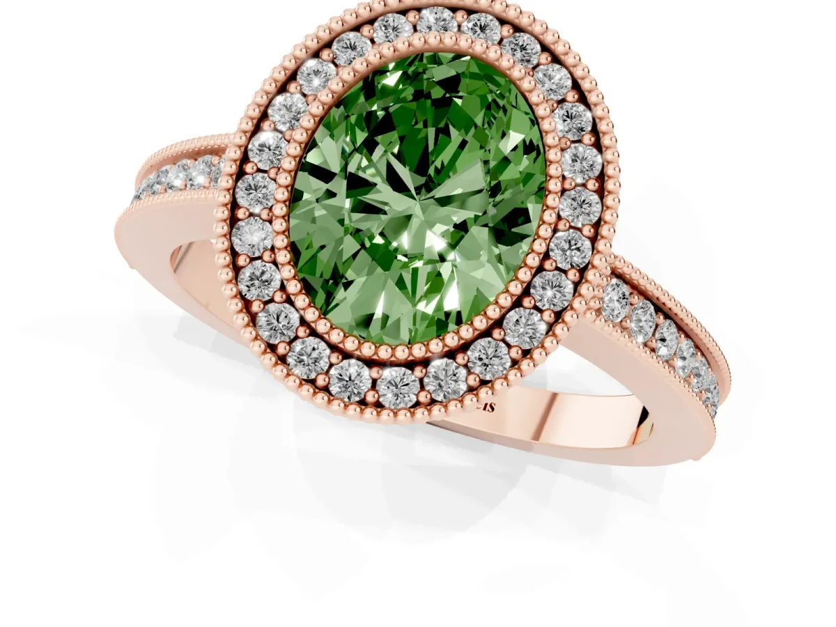 Fancy Green Oval Cut Cut Halo Diamond Ring with Pavé Band and Milgrain Prong Setting Rose gold
