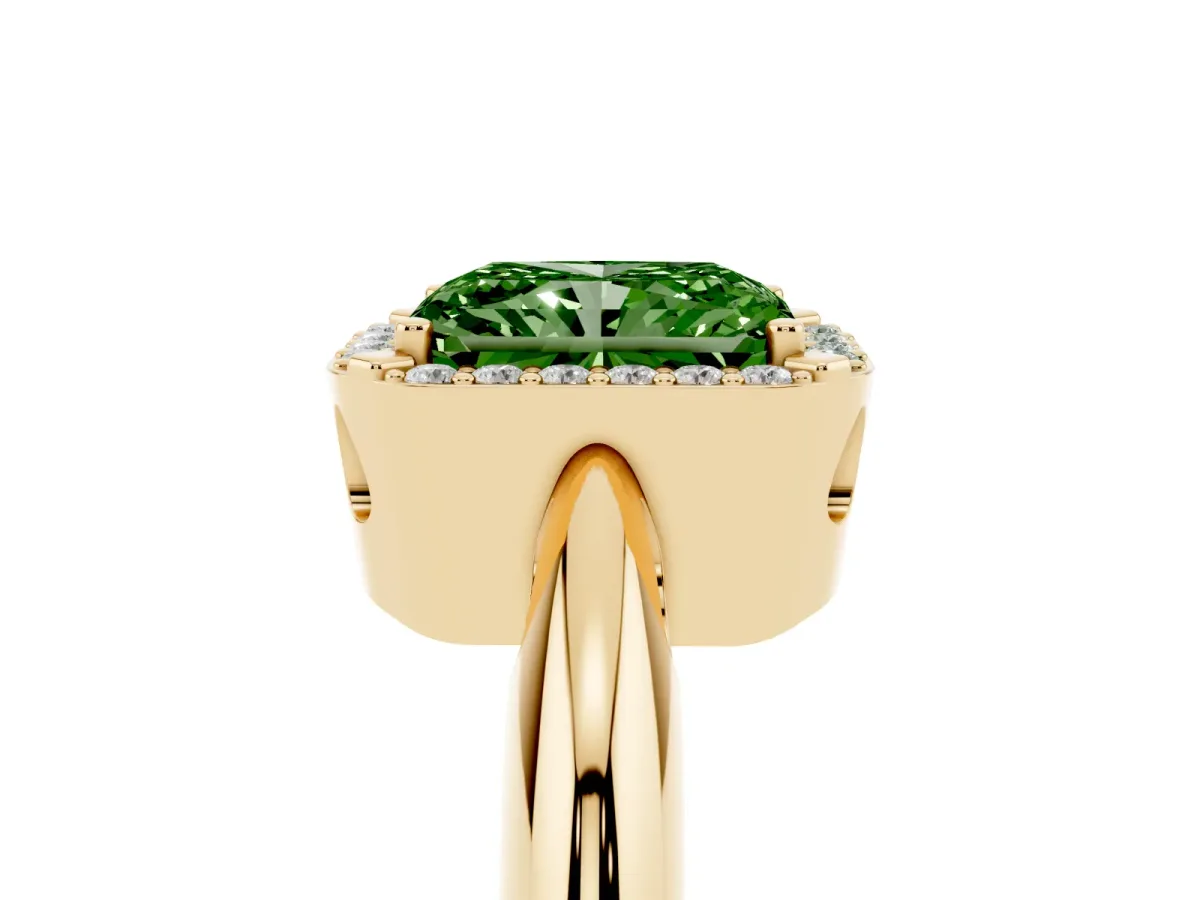 Fancy Green Radiant Cut Cut Diamond Halo Engagement Ring with Split Shank and Four-Prong Setting Yellow gold