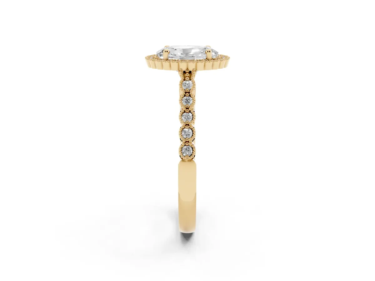Oval Cut Cut Halo Pavé Solitaire Ring with Milgrain Band Yellow gold