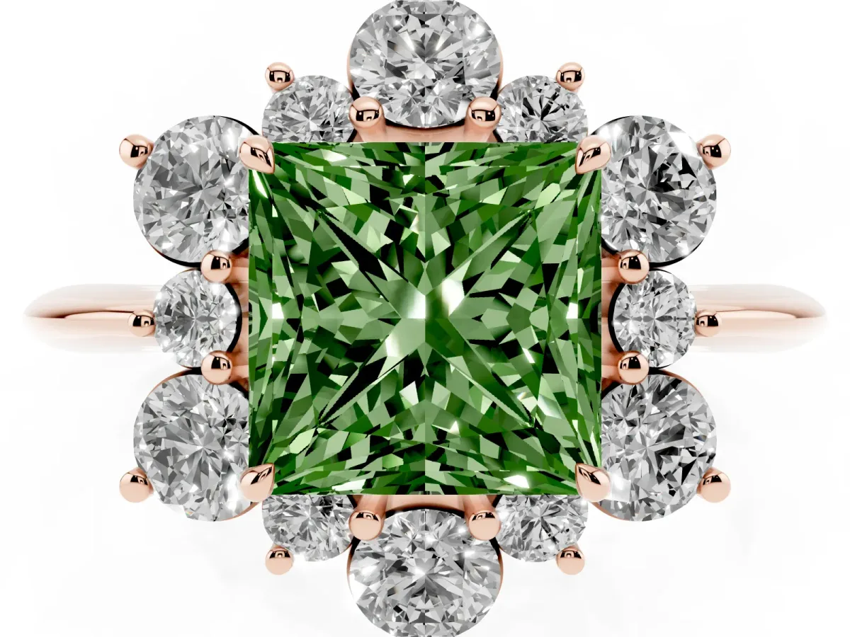 Fancy Green Princess Cut Diamond Cluster Halo Ring with Solitaire Band and Four-Prong Setting Rose gold