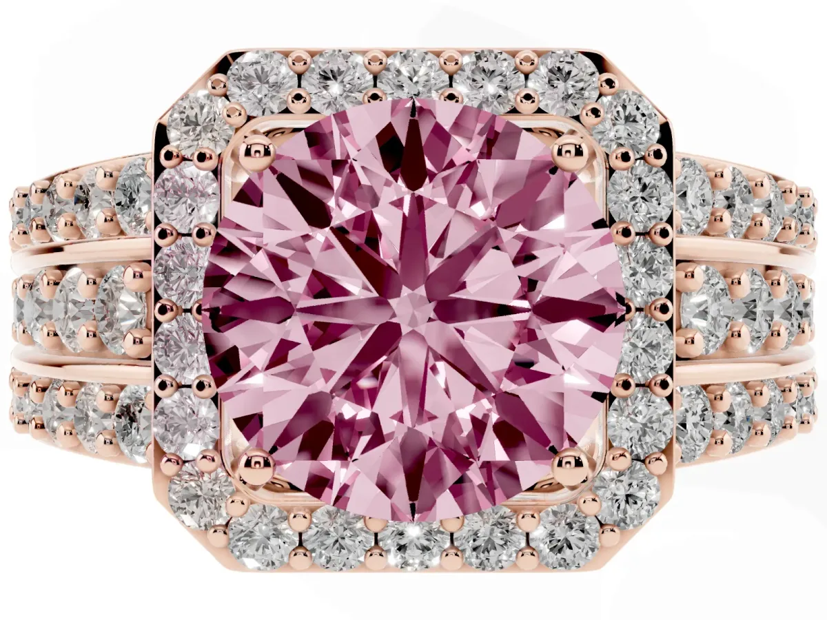 Fancy Pink Round Cut Halo Diamond Ring with Round Split Shank and Prong Setting Rose gold