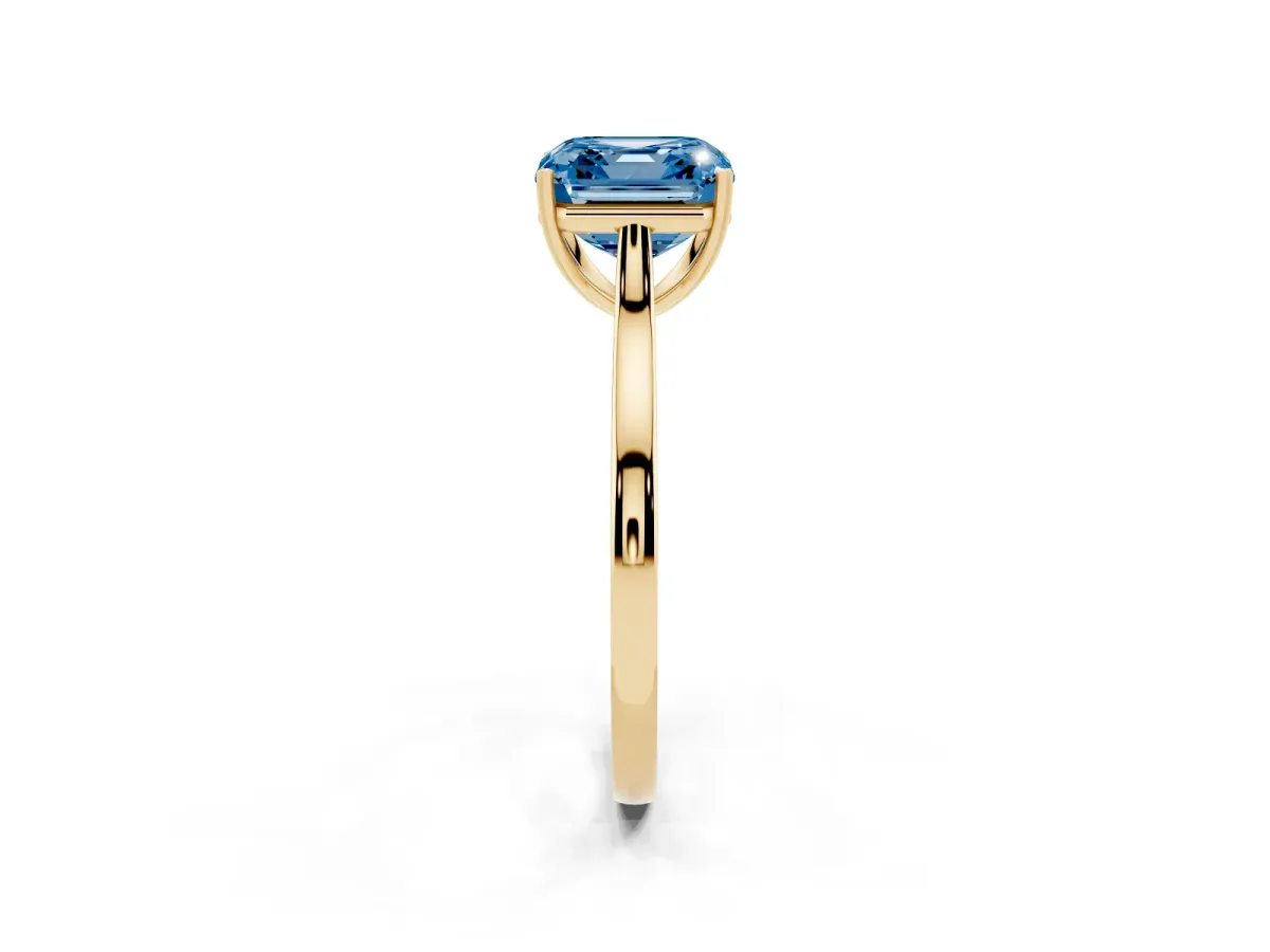 Fancy Blue Asscher Cut Solitaire Heart Prong Engagement Ring with Tapered Band Yellow gold