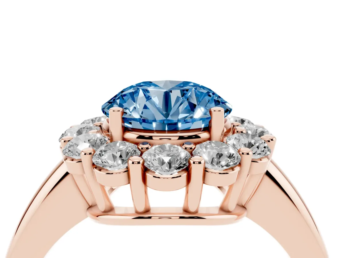 Fancy Blue Round Cut Halo Cluster Diamond Engagement Ring with Prong Setting and Polished Band Rose gold