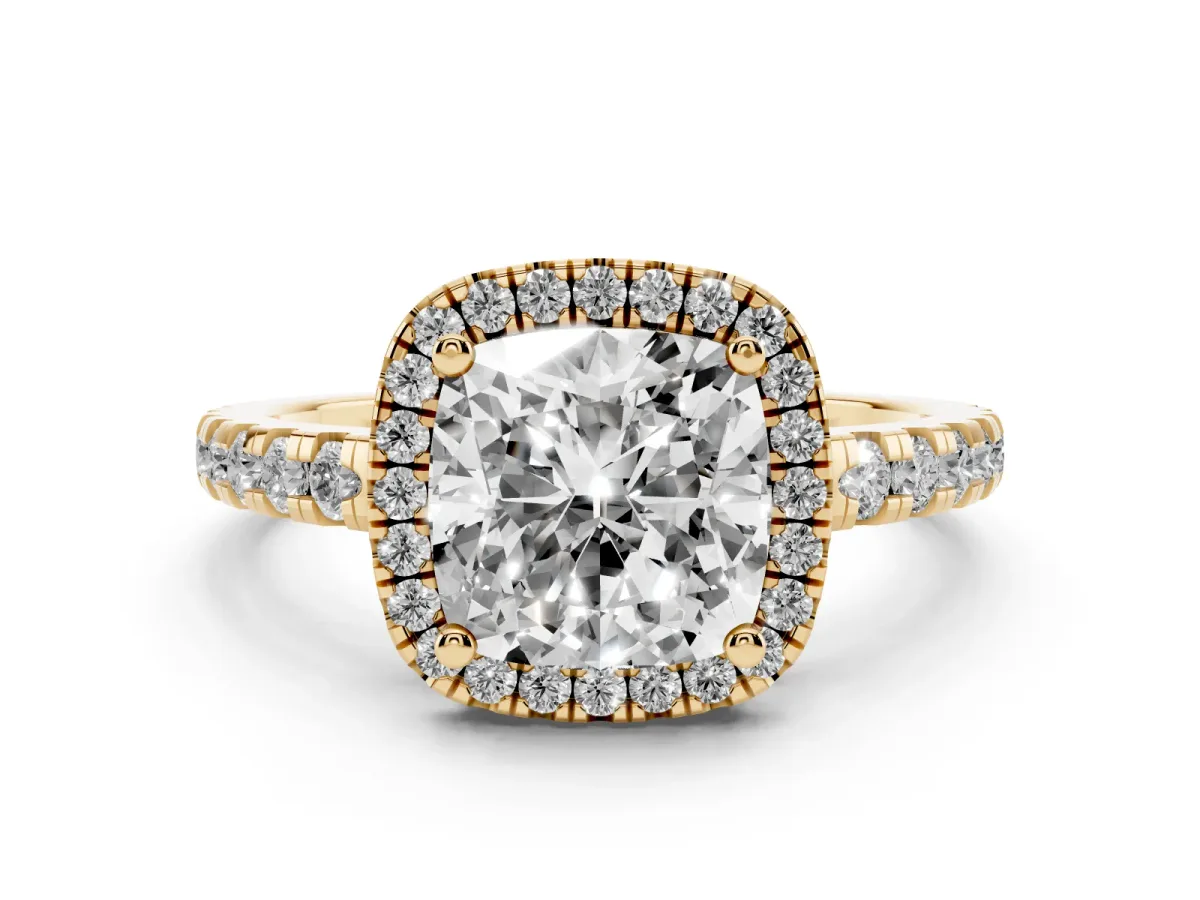 Cushion Cut Diamond Halo Ring with Pavé Band and Four-Prong Setting Yellow gold