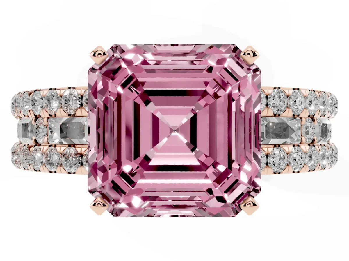 Fancy Pink Asscher Cut Diamond Solitaire Ring with Pavé and Channel Set Band Rose gold