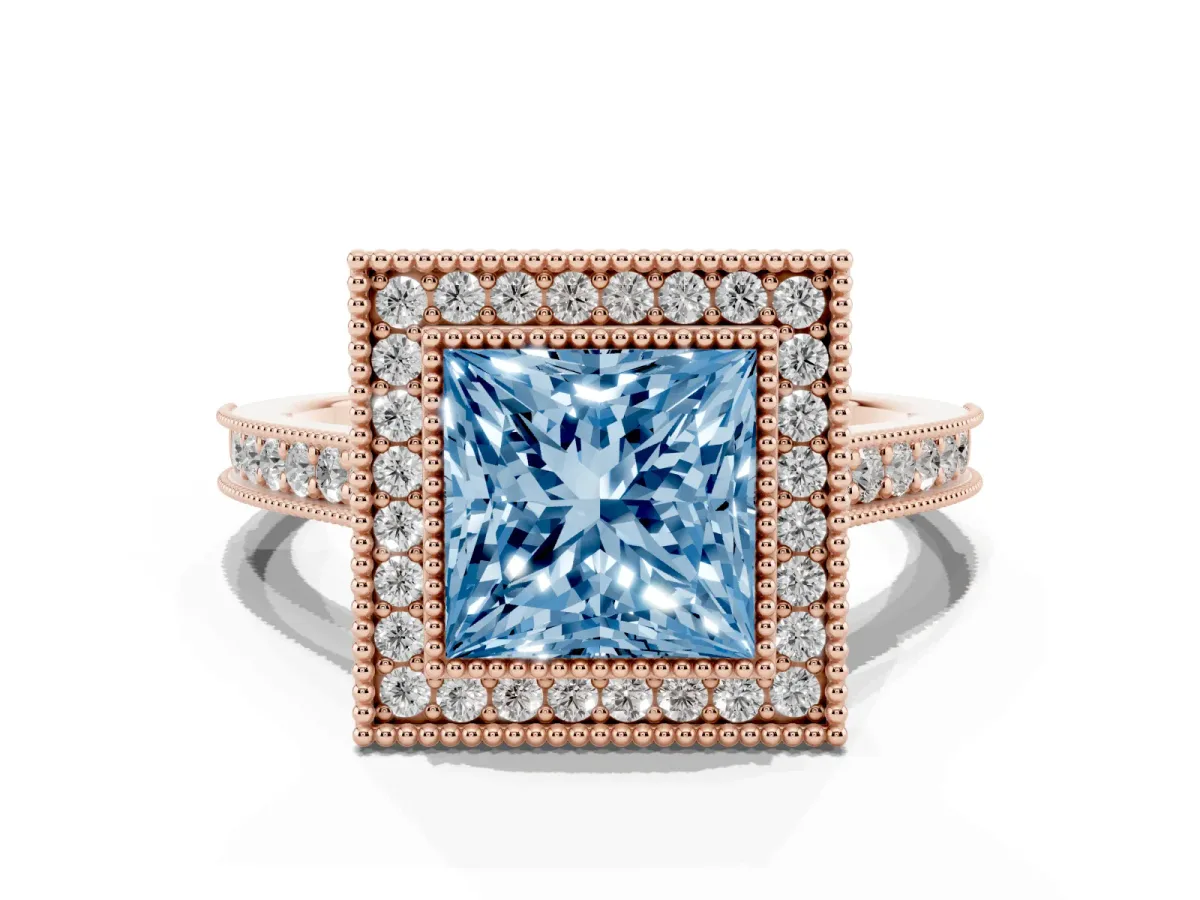Fancy Blue Halo Princess Cut-Cut Diamond Pave Band Milgrain Prong Setting Ring Rose gold