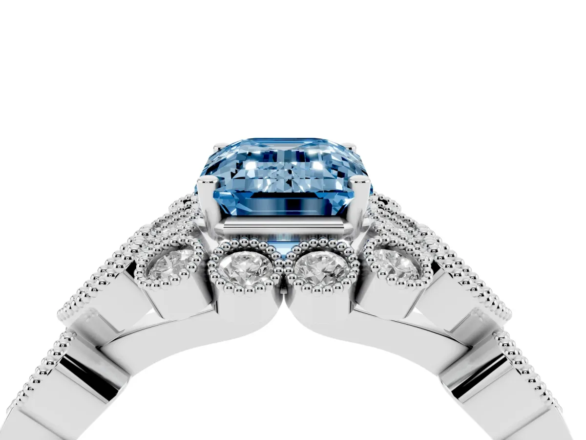 Fancy Blue Emerald Cut Brilliant Milgrain Pave Heart Band Solitaire Ring Silver
