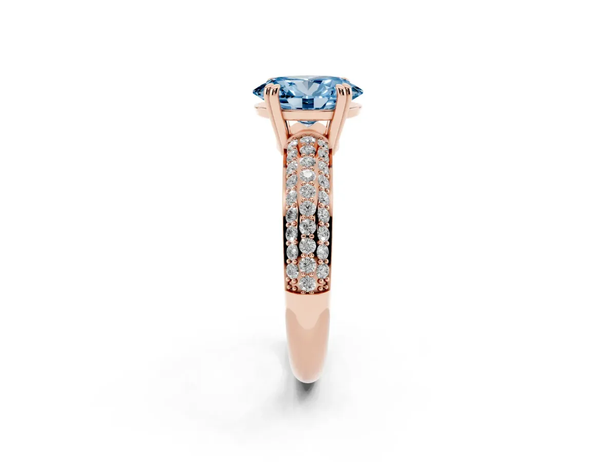 Fancy Blue Oval Cut Diamond Solitaire Ring with Multi-Row Round Pavé Band and Prong Setting Rose gold