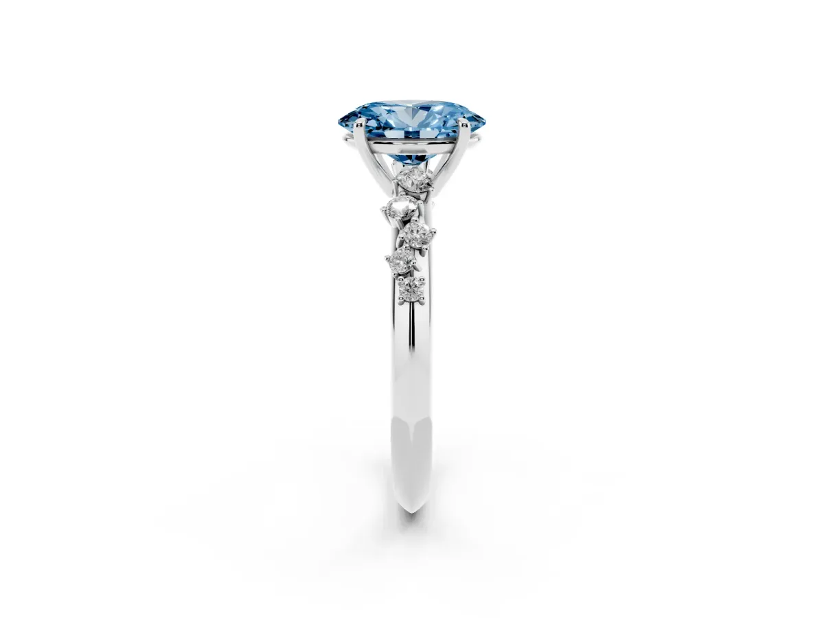 Fancy Blue Oval Cut Diamond Cluster Side Stone Solitaire Ring with Prong Setting Silver