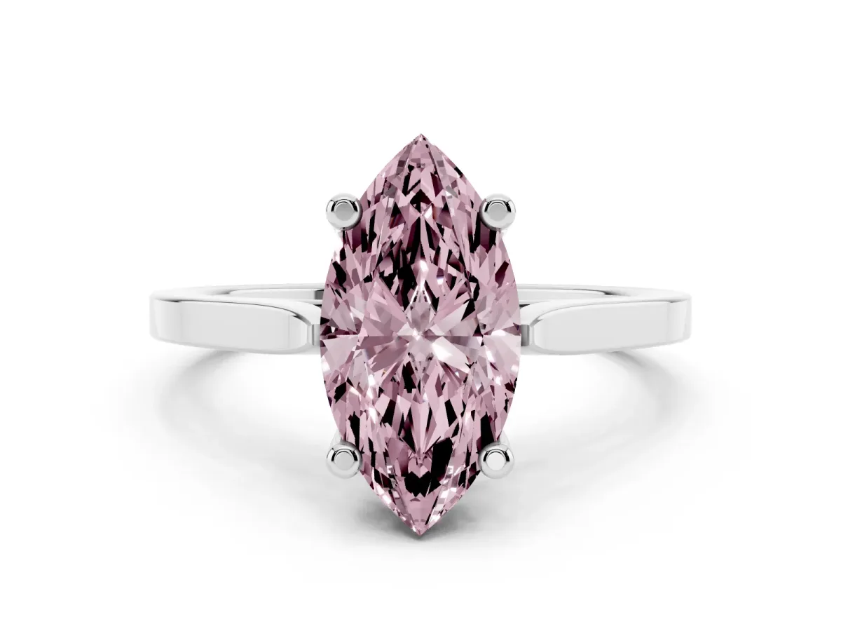 Fancy Pink Marquise Cut Solitaire Diamond Ring with Four-Prong Setting and Tapered Band Silver