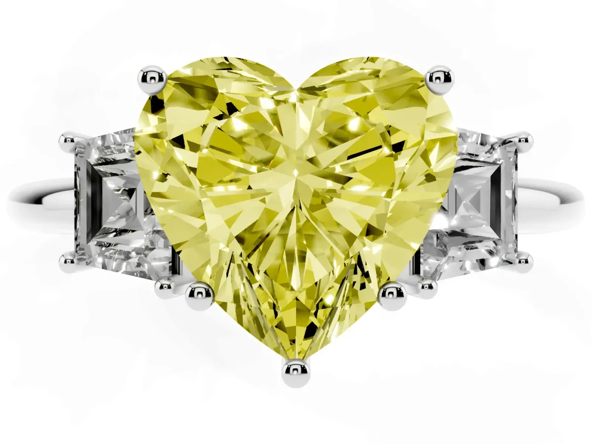 Fancy Yellow Heart Cut Diamond Three-Stone Ring with Trapezoid Side Stones and Prong Setting Silver