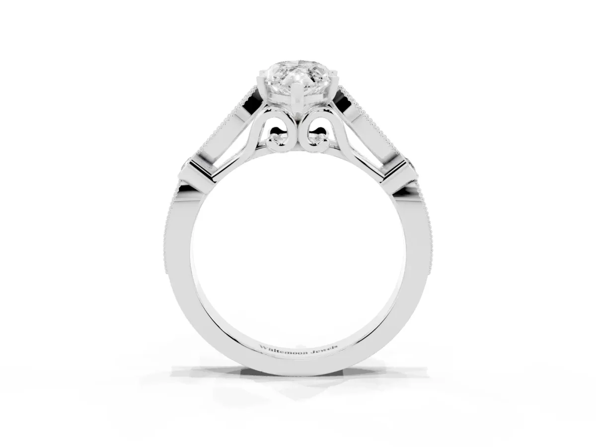 Marquise Cut Cut Diamond with Milgrain Marquise and Bezel Accents on a Solitaire Band with Prong Setting Silver