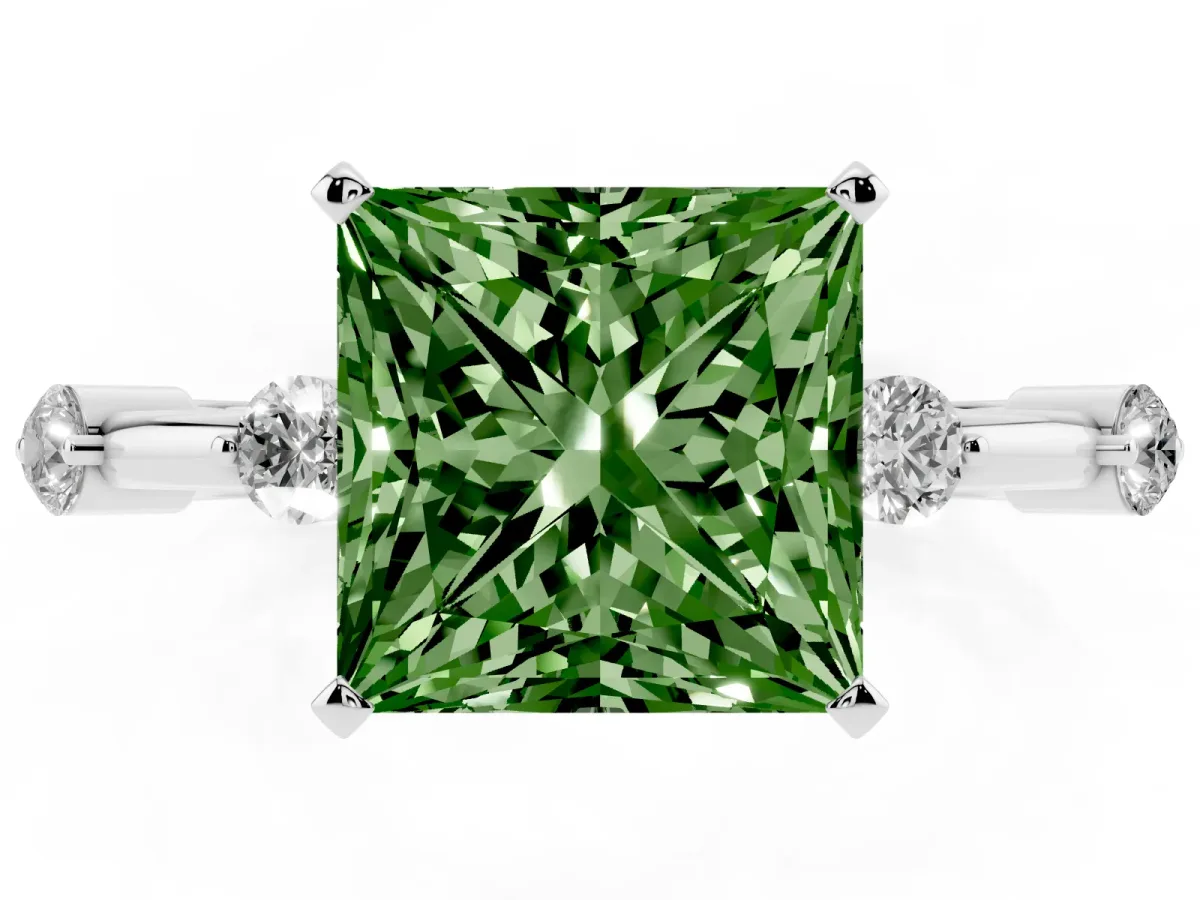 Fancy Green Princess Cut Solitaire Diamond Ring with Bezel Set Side Stones and Prong Setting Silver