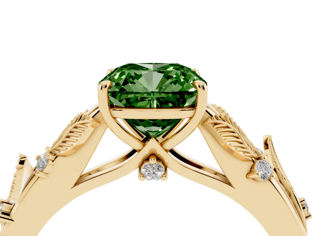 Fancy Green Cushion Cut Diamond Solitaire Ring with Leaf Motif Band and Four-Prong Setting Yellow gold