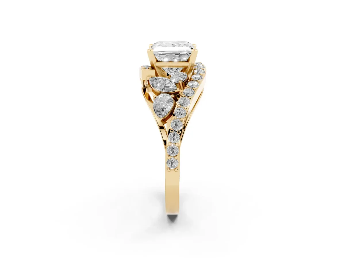 Princess Cut Diamond Halo Ring with Marquise and Pavé Band in Prong Setting Yellow gold