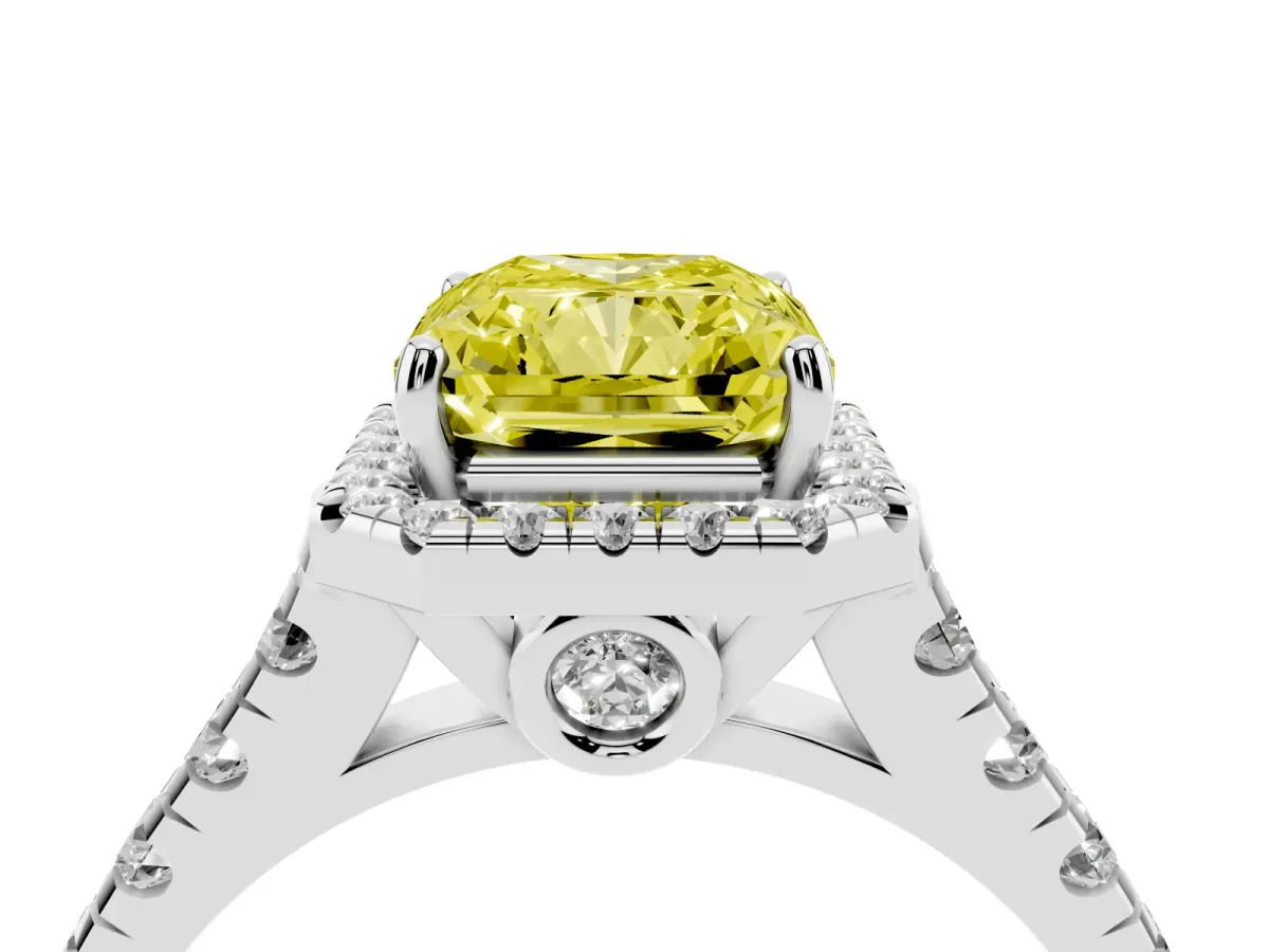 Fancy Yellow Radiant Cut Halo Pavé Diamond Engagement Ring with Four-Prong Setting Platinum