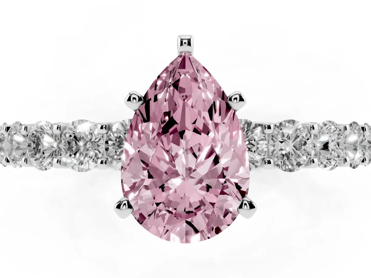 Fancy Pink Pear Cut Diamond Solitaire Ring with Shared Prong Pavé Band and Four-Prong Setting Silver