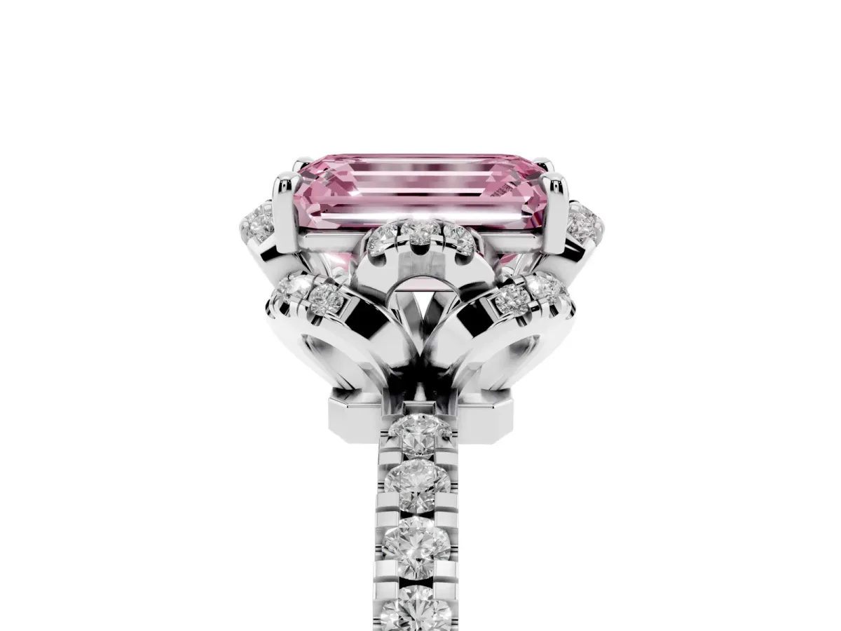 Fancy Pink Emerald Cut Halo Diamond Pave Band Ring with Four-Prong Setting Silver
