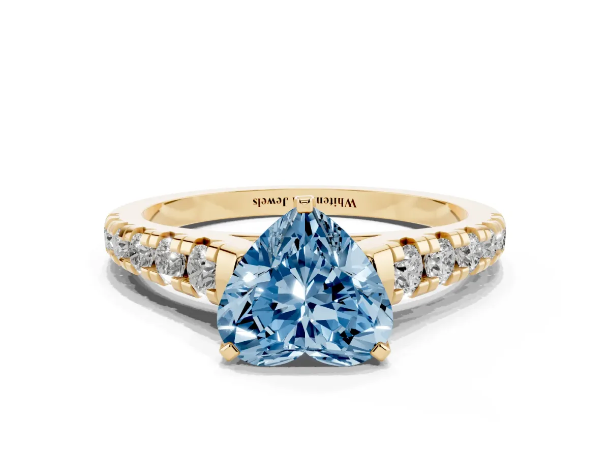 Fancy Blue Heart Cut Diamond Cathedral Solitaire Ring with Round Pavé Band Yellow gold