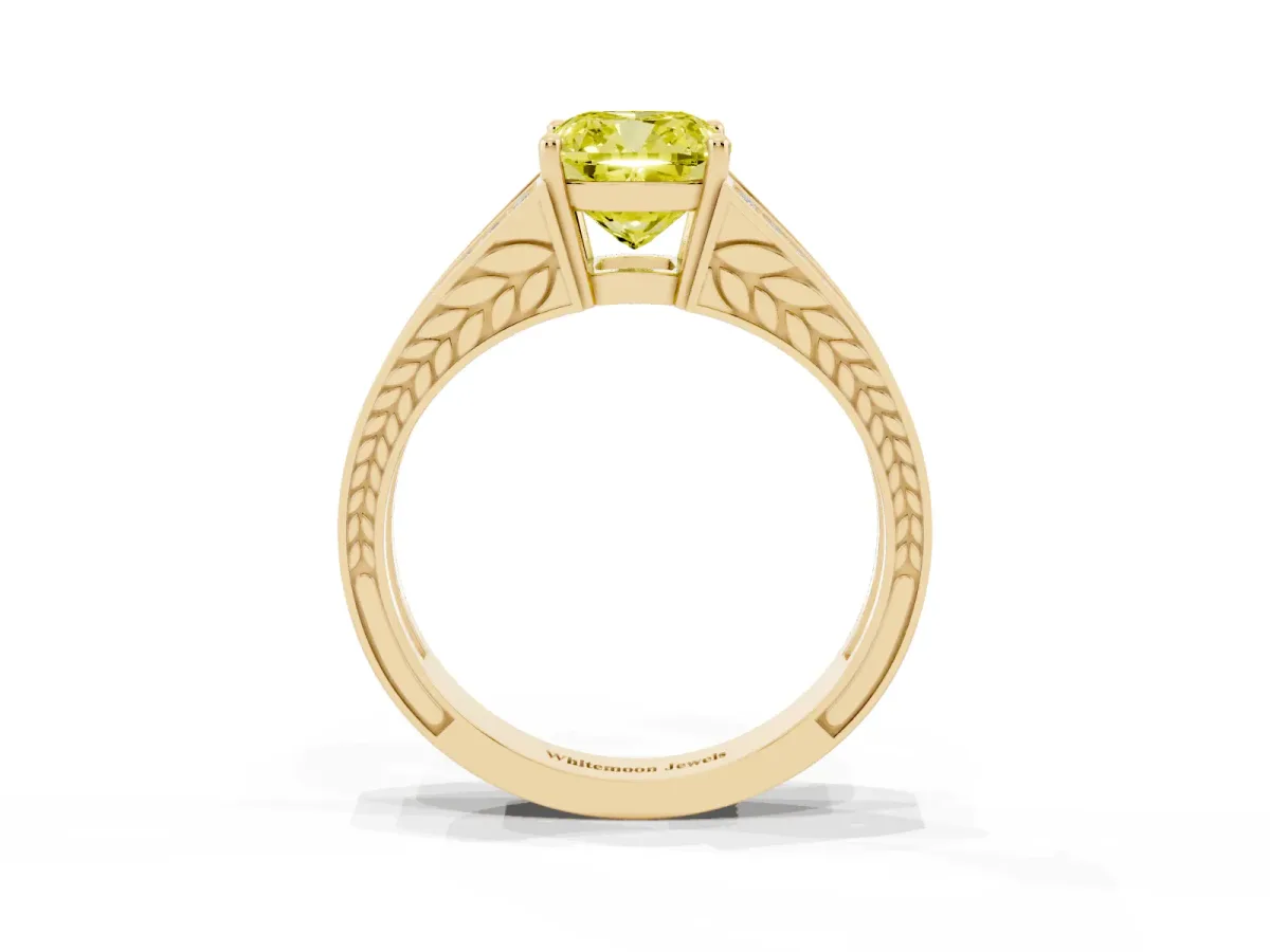 Fancy Yellow Cushion Cut Diamond Split Shank Ring with Pavé Band and Four-Prong Setting Yellow gold