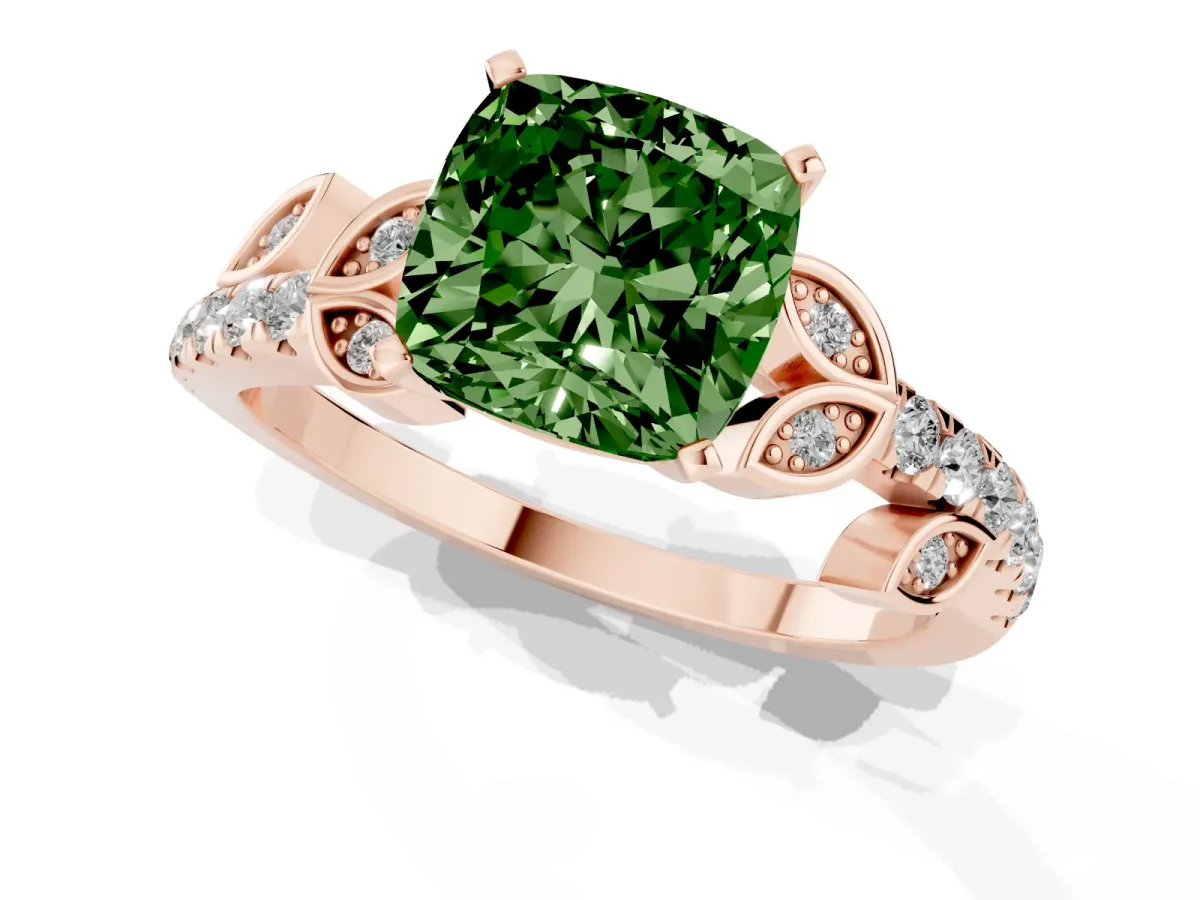 Fancy Green Cushion Cut Solitaire Leaf-Inspired Diamond Ring with Pavé Band and Four-Prong Setting Rose gold