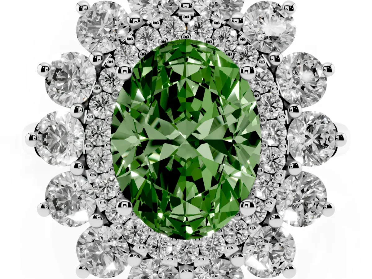 Fancy Green Oval Cut Diamond Floral Double Halo Engagement Ring with Prong Setting Platinum