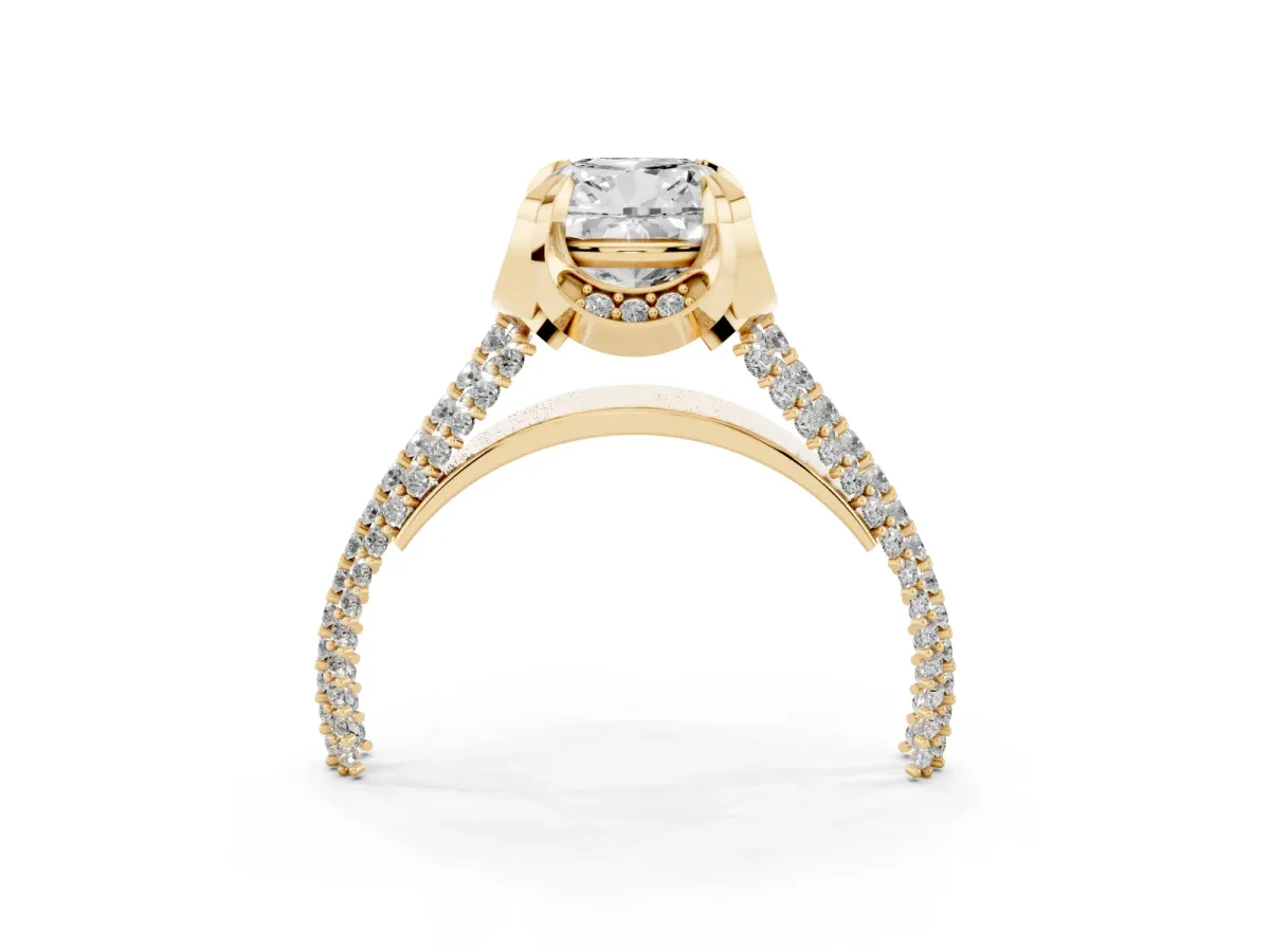 Cushion Cut Solitaire Pave Split Shank Ring with Four-Prong Setting Yellow gold
